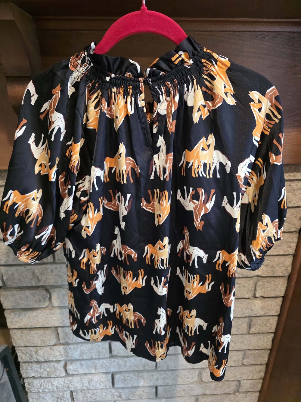 THML Black Horse-Print Smocked-Neck Blouse - Picture 4 of 5